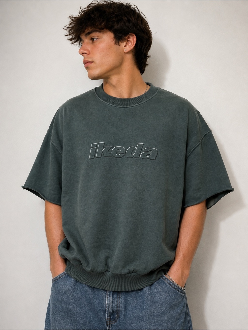 Ikeda Vintage Green Spell Out Pullover Sweatshirt Crewneck - Cut Sleeves - Large